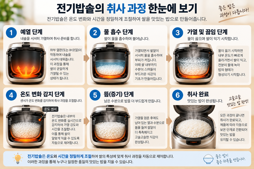 전기밥솥 예열부터 취사 완료까지 6단계 취사 과정