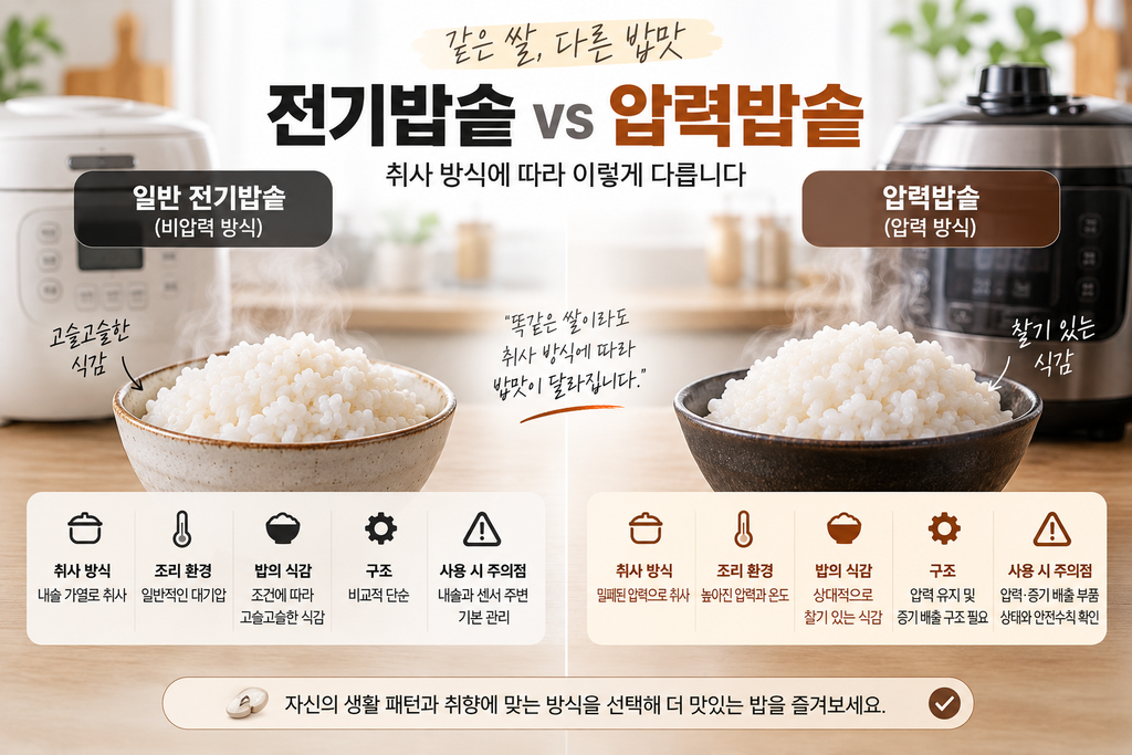 전기밥솥과 압력밥솥 취사 방식에 따른 밥 식감 비교